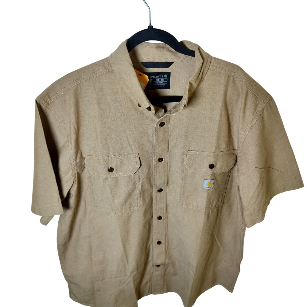 Carhartt Mens Loose Fit Short Sleeve Button Down Shirt Tan Khaki Large NWT